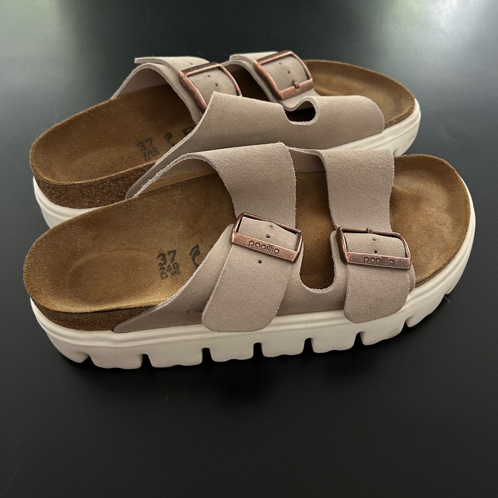 Birkenstock Papillio Two-Strap Platform Sandals in Light Taupe with White Sole